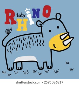 Cute baby rhino standing on grass with colorful playful text on blue background. Wildlife and children’s illustration concept
