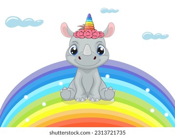 Cute baby rhino with unicorn horn. Cartoon style character. Happy baby rhino, Perfect illustration for t-shirt wear fashion print design, greeting card, baby shower, party invitation