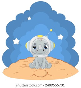 Cute Baby Rhino vector illustration. Astronaut rhino Cartoon style character. Happy baby, Perfect illustration for t-shirt wear fashion print design, greeting card, baby shower, party invitation