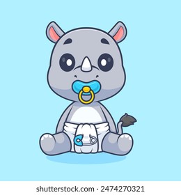 Cute Baby Rhino Wearing pacifier And Diaper Cartoon Vector Icon Illustration. Animal Nature Icon Concept Isolated Premium Vector. Flat Cartoon Style