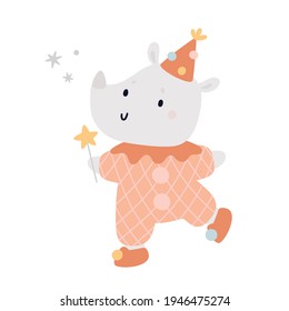 Cute baby rhinoceros in cartoon style. Rhino animal isolated on white background. Circus animal with a magic wand. Little wizard illustration. Baby shower or happy birthday clipart, print for kids