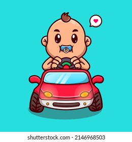 Cute Baby Riding Car Toy Cartoon Vector Icon Illustration. People Transportation Icon Concept Isolated Premium Vector. Flat Cartoon Style