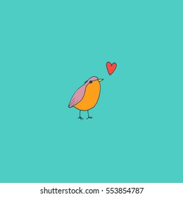 Cute baby robin bird in love with hearts - vector hand drawn illustration. Childish kawaii style sketch with small animal. Valentines day romantic greeting card