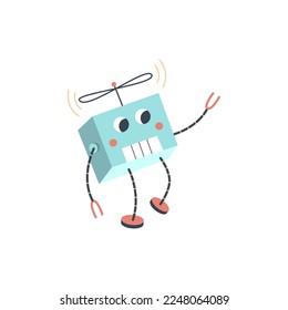 Cute baby robotic flying quadcopter, flat cartoon vector illustration isolated on white background. Smart friendly toy robot childish cartoon character.