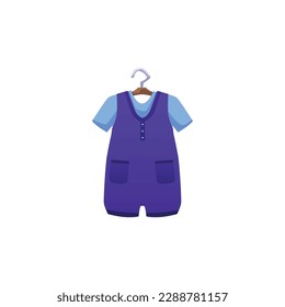 Cute baby romper or overall - cartoon flat vector illustration isolated on white background. Concept of baby shower for boy. Blue clothes for newborn on hanger. Infant bodysuit or playsuit.