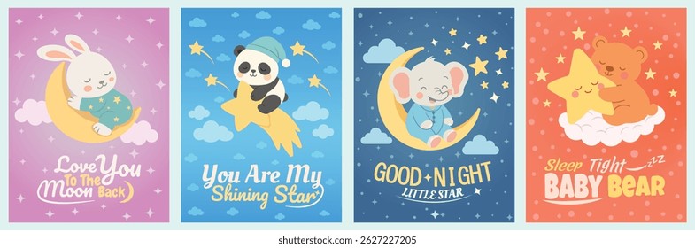 Design de quarto de bebê bonito conjunto adormecido bebê animais com lua e estrelas, cartaz de cama para quarto de crianças
