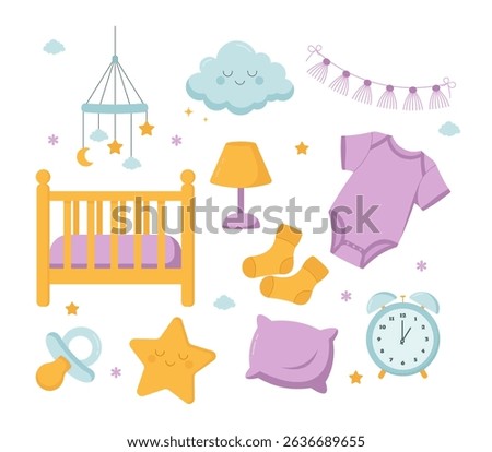 Cute baby room elements in cartoon style – crib, pajamas, socks, pillow, lamp, pacifier, clock, cloud, star, and mobile. Perfect for nursery design, baby products, and kids decor.