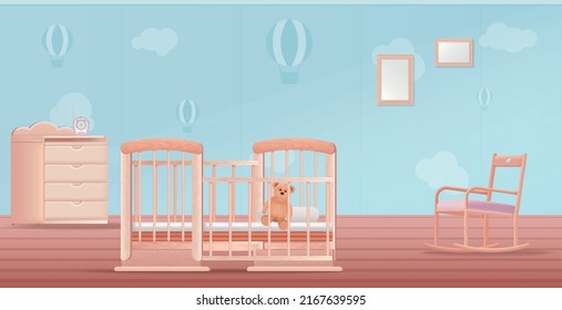 Cute Baby Room Interior With Rocking Chair Changing Table With Chest Of Drawers And Teddy Bear In Crib Realistic Vector Illustration