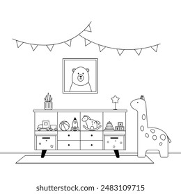 Cute baby room with toys. Vector illustration in cartoon style.