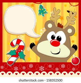 cute baby rudolph with dialog bubble text and christmas decoration