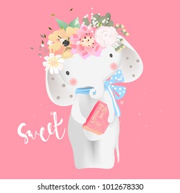 Cute baby safari animal elephant with flowers, floral wreath, tied bow and book with tales. Sweet lettering, phrase