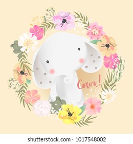 Cute baby safari animal elephant in the beautiful floral, flowers wreath, frame, bouquet. Coucou lettering