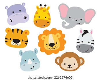 Cute baby safari animal faces vector illustration. The set includes a tiger, lion, elephant, giraffe, zebra, hippo, rhino, and monkey.

