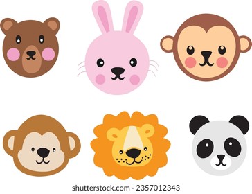 Cute baby safari animal faces vector illustration