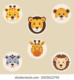 Cute baby safari animal faces vector illustration. The set includes a tiger, lion, elephant, giraffe, zebra, hippo, rhino, and monkey.