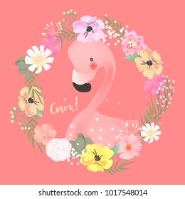 Cute baby safari animal flamingo bird in the beautiful floral, flowers wreath, frame, bouquet. Coucou lettering