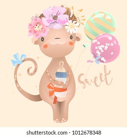 Cute baby safari animal monkey with balloons, flowers, floral wreath, baby milk bottle and tied bows. Adorable monkey cartoon character