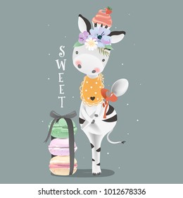 Cute baby safari animal zebra with macaroons, cupcake, floral, flowers wreath, spoon and tied bows. Adorable zebra cartoon character