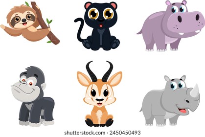 Cute Baby Safari Animals Cartoon Characters. Vector Flat Design Collection Set Isolated On Transparent Background
