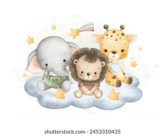 Cute Baby Safari Animals Sits on Cloud with Stars