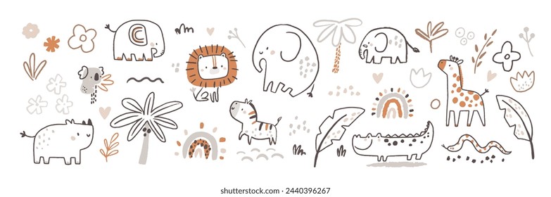 Cute baby safari jungle animals, design elements and plants isolated white background. Hand drawn childish safari elephant, zebra, lion, koala, giraffe, palm and flower. Vector collection pastel color