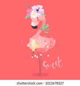 Cute baby safari pink flamingo bird with star, flowers, floral wreath and tied bow. Adorable flamingo cartoon character