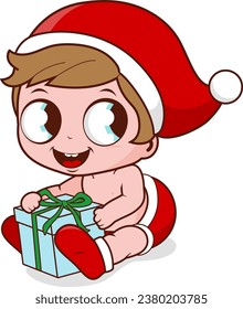 Cute baby with Santa Claus hat holding a Christmas present. Vector illustration