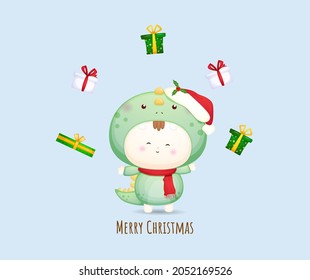 Cute baby santa costume with gift for merry christmas illustration set Premium Vector