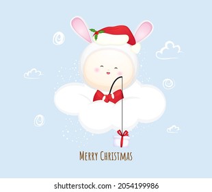 Cute baby santa on the cloud for merry christmas. Rabbit mascot illustration Premium Vector