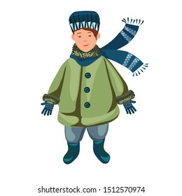Cute Baby in a scarf, hat and winter clothes with red cheeks from the cold, stands, smiles. Isolated image. Vector graphics.