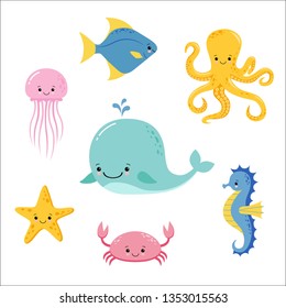 Cute Baby Sea Animals. Vector Cartoon Underwater Animals Collection. Jellyfish And Starfish, Ocean And Sea Life Illustration