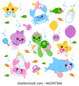 Cute baby sea animals wearing diapers, pacifiers and holding balloons, toys and milk bottles. Vector illustration