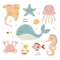 Cute Baby Sea Fishes, Crab, Whale, Stingray And Algae, Vector Cartoon Underwater Animals Collection, Jellyfish, Starfish, Seahorse And Shell, Ocean And Sea Life Illustration