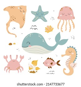 cute baby sea fishes, crab, whale, stingray and algae, vector cartoon underwater animals collection, jellyfish, starfish, seahorse and shell, ocean and sea life illustration