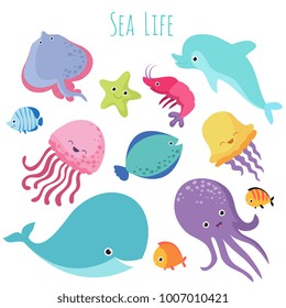 Cute Baby Sea Fishes. Vector Cartoon Underwater Animals Collection. Jellyfish And Starfish, Ocean And Sea Life Illustration