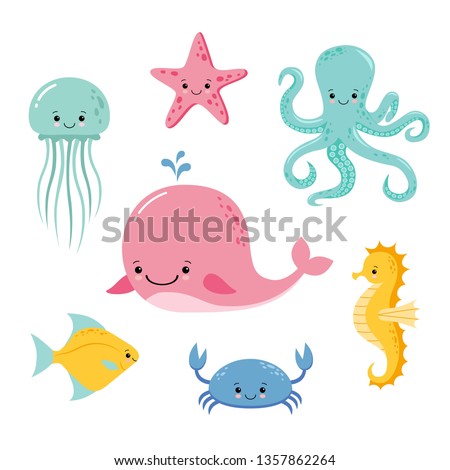 Cute baby sea fishes. Vector cartoon underwater animals collection. Jellyfish and starfish, ocean and sea life illustration