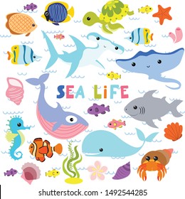 cute baby sea life underwater animal set 