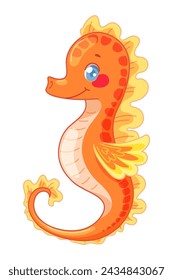 Cute baby seahorse in orange on white background isolated. Vector illustration of sea life in childish style for prints, textiles, clothes, baby shower
