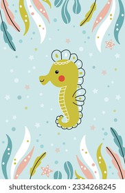 Cute baby seahorse swimming underwater. Sea animals, seaweeds. Summer coral reef vector illustration drawn in doodle style