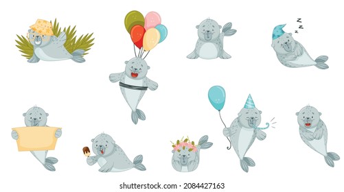 Cute Baby Seal Activities Set. Funny Adorable Arctic Animal Character Cartoon Vector Illustration