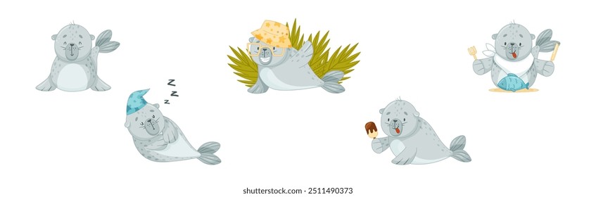 Cute Baby Seal Character with Flipper Vector Set