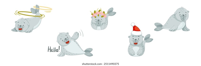 Cute Baby Seal Character with Flipper Vector Set