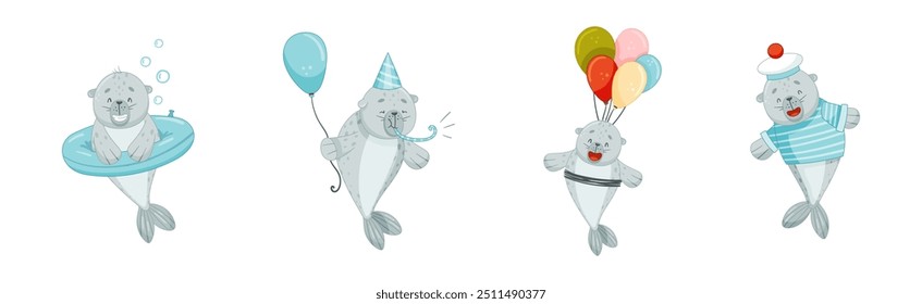 Cute Baby Seal Character with Flipper Vector Set