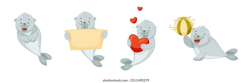 Cute Baby Seal Character with Flipper Vector Set