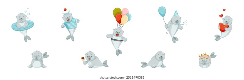 Cute Baby Seal Character with Flipper Vector Set