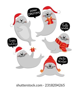 Cute baby seal in Christmas holidays. Sea animal in winter costume cartoon character collection. -Vector