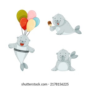 Cute Baby Seal Eating Eskimo and Flying with Bunch of Balloons Vector Set