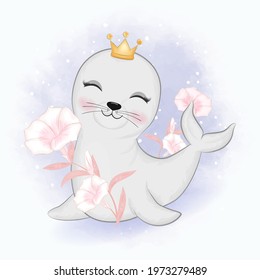 Cute baby seal and flowers cartoon animal watercolor illustration
