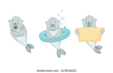 Cute Baby Seal Holding Empty Placard And Swimming In Rubber Ring Vector Set