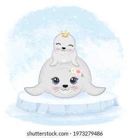 Cute baby seal and mom on ice floe cartoon animal watercolor illustration